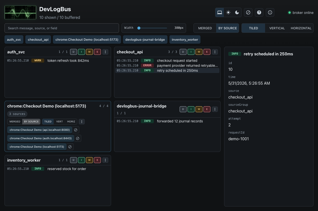 DevLogBus browser UI showing service and browser records