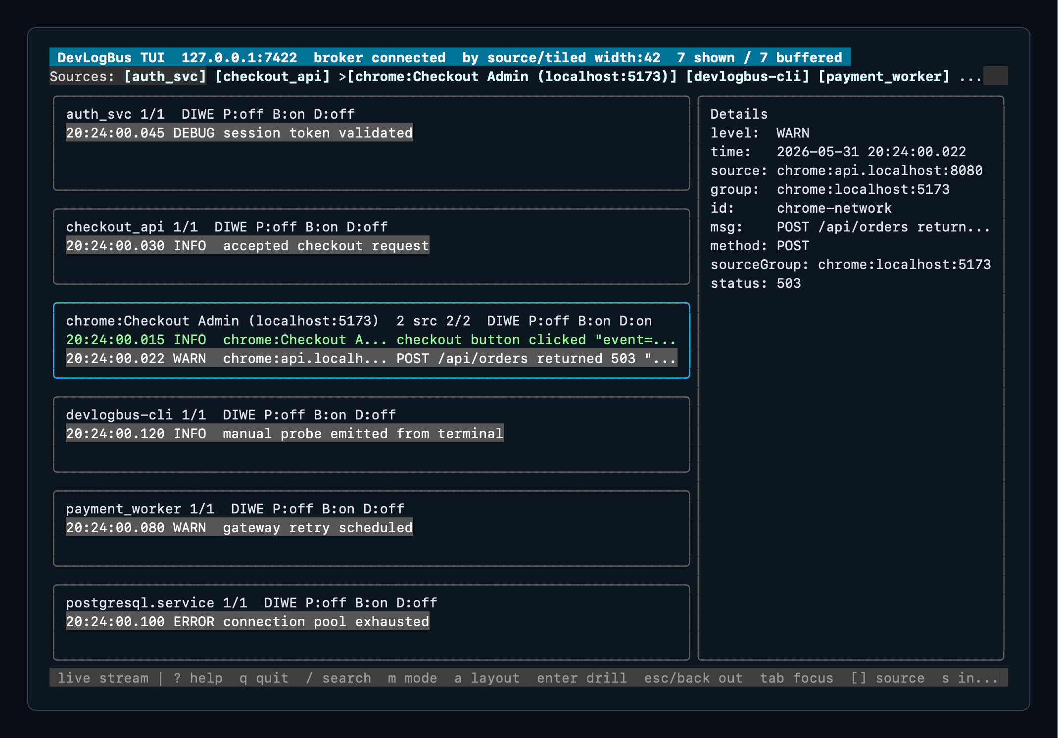 DevLogBus TUI showing source panes and record details